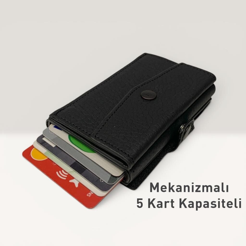 Grande Hakiki Deri Mekanizmalı Mandallı Kartlık Cüzdan RFID Siyah