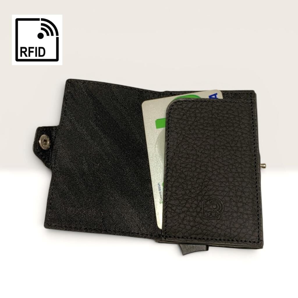 Grande Hakiki Deri Mekanizmalı Mandallı Kartlık Cüzdan RFID Siyah