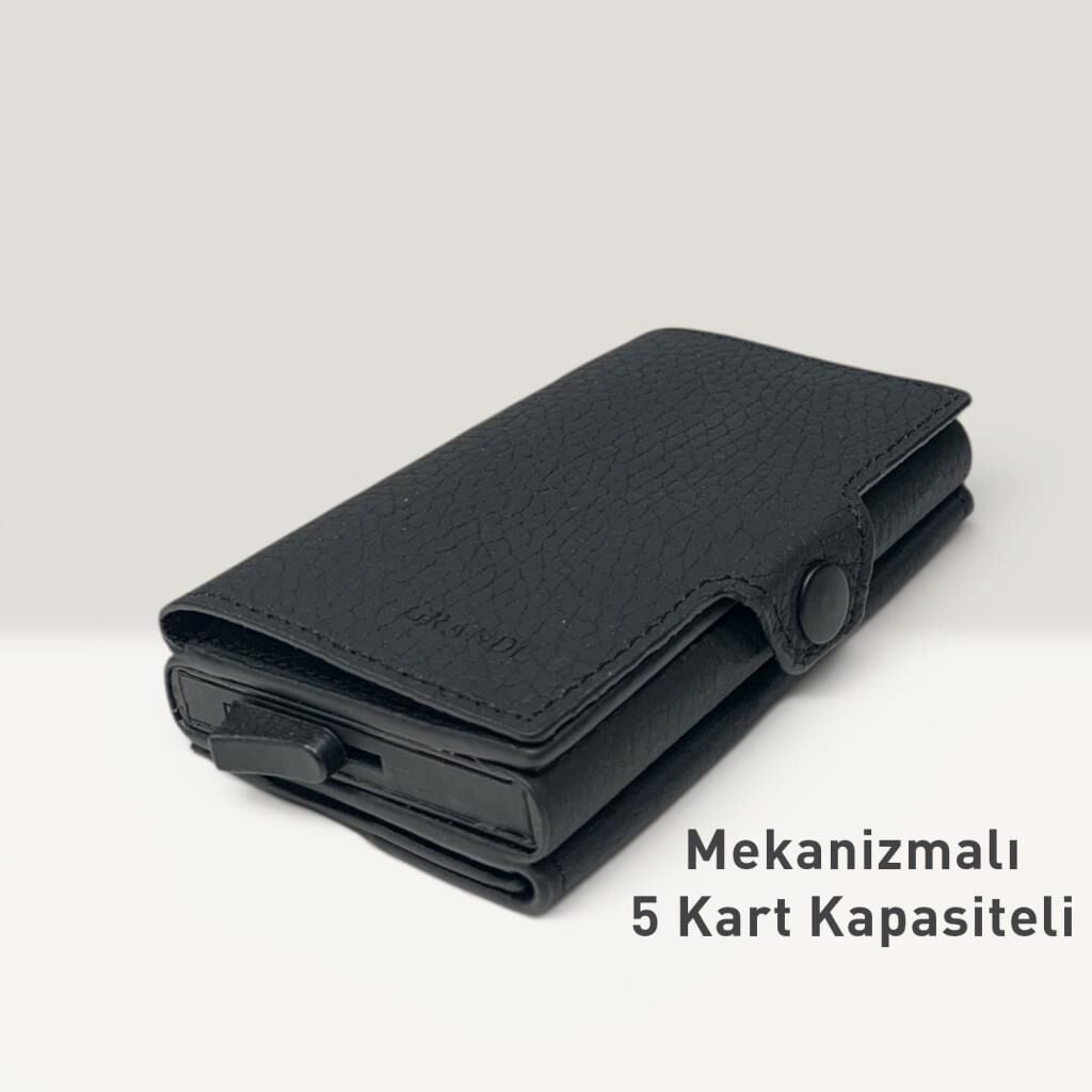 Grande Hakiki Deri Mekanizmalı Mandallı Kartlık Cüzdan RFID Siyah