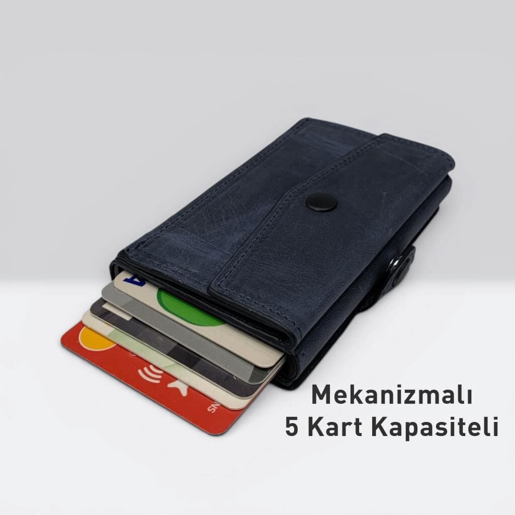 Grande Hakiki Deri Mekanizmalı Mandallı Kartlık Cüzdan RFID Lacivert