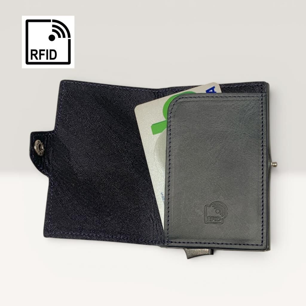Grande Hakiki Deri Mekanizmalı Mandallı Kartlık Cüzdan RFID Lacivert