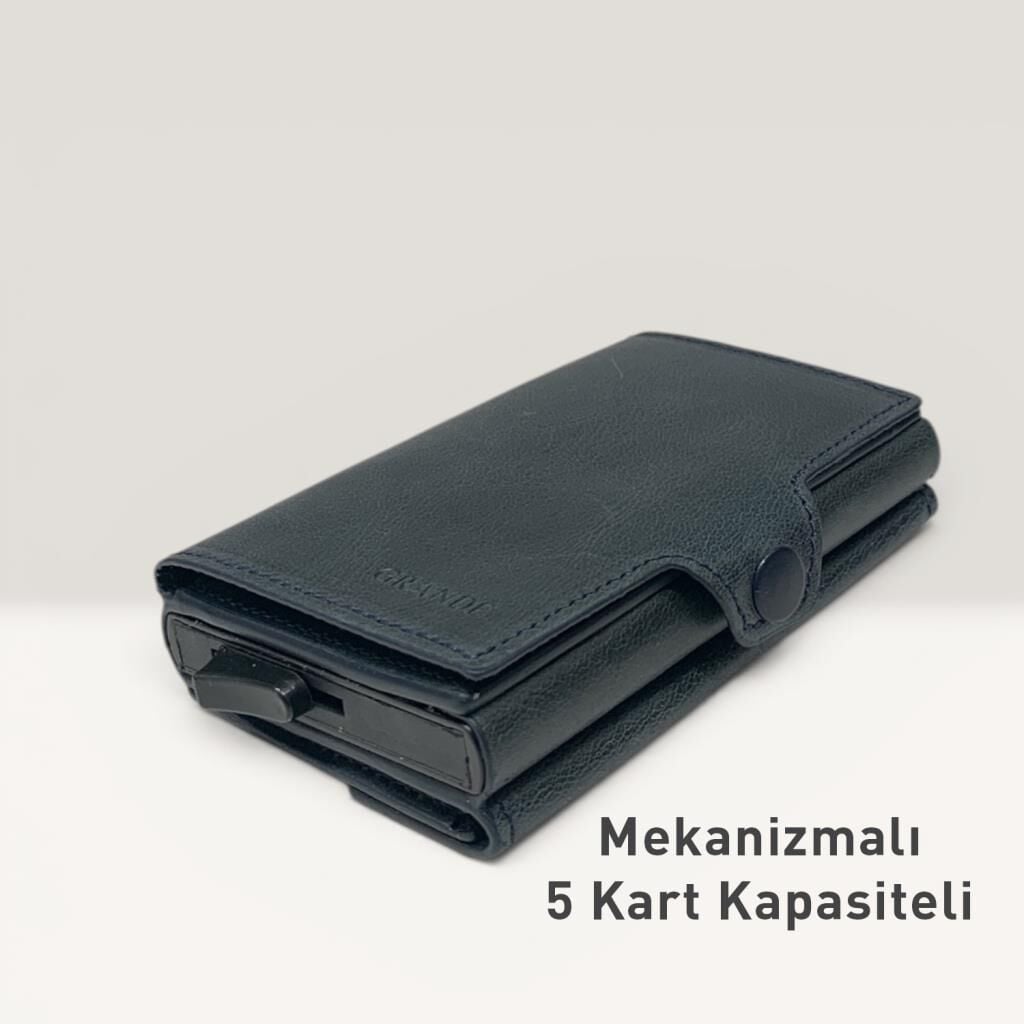 Grande Hakiki Deri Mekanizmalı Mandallı Kartlık Cüzdan RFID Lacivert