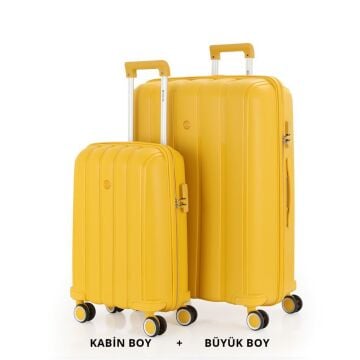 MÇS Bavul Büyük ve Kabin 2li Set Kırılmaz Silikon Valiz V305 Sarı