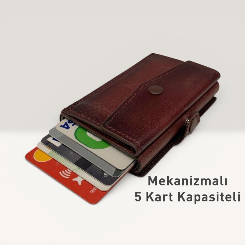 Grande Hakiki Deri Mekanizmalı Mandallı Kartlık Cüzdan RFID Bordo