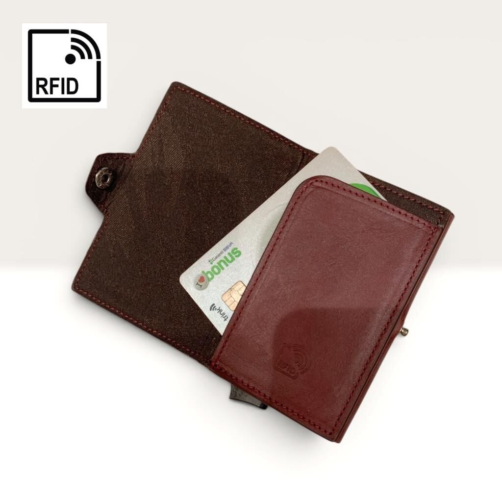 Grande Hakiki Deri Mekanizmalı Mandallı Kartlık Cüzdan RFID Bordo