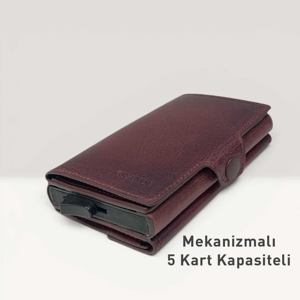 Grande Hakiki Deri Mekanizmalı Mandallı Kartlık Cüzdan RFID Bordo