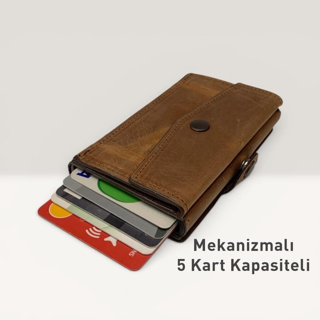 Grande Hakiki Deri Mekanizmalı Mandallı Kartlık Cüzdan RFID Fındık