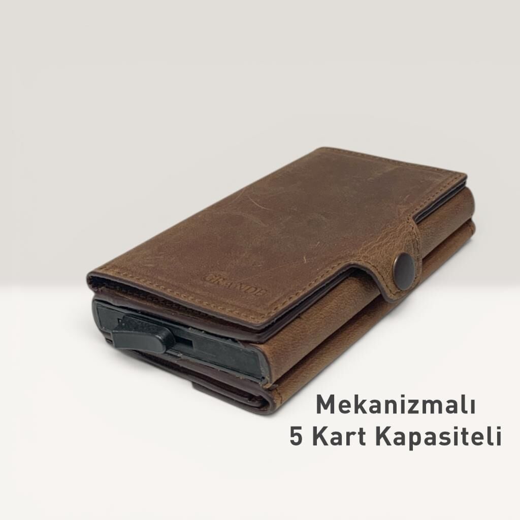 Grande Hakiki Deri Mekanizmalı Mandallı Kartlık Cüzdan RFID Fındık