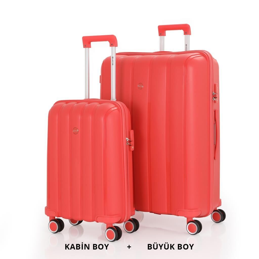 MÇS Bavul Büyük ve Kabin 2li Set Kırılmaz Silikon Valiz V305 Mercan
