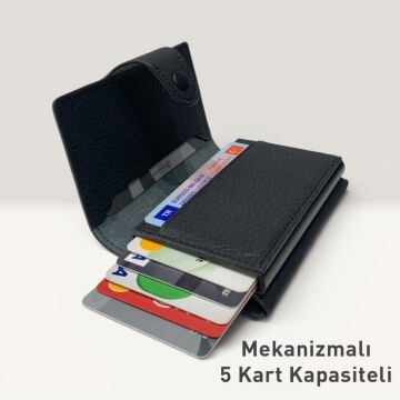 Grande Hakiki Deri Mekanizmalı Mandallı Kartlık Cüzdan RFID Siyah