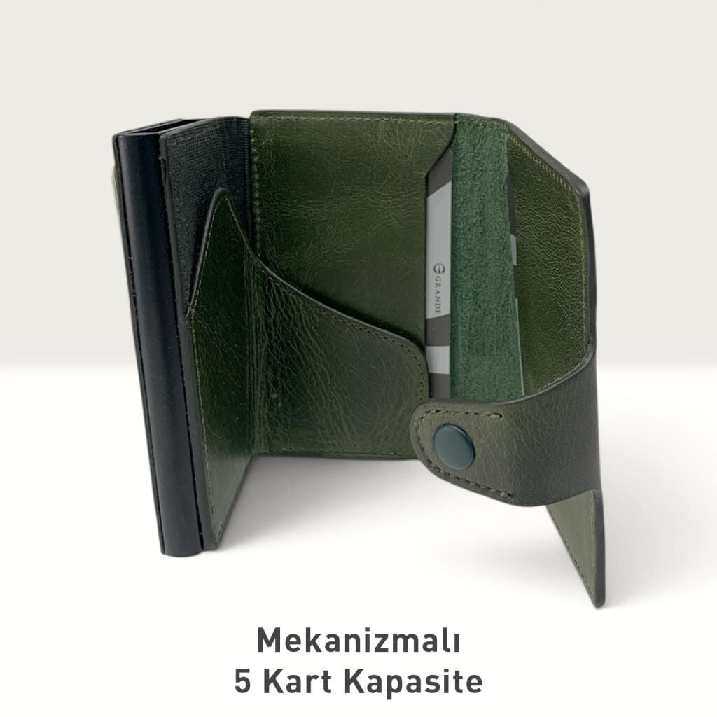 Grande Hakiki Deri Mekanizmalı Mandallı Kartlık Cüzdan RFID Yeşil