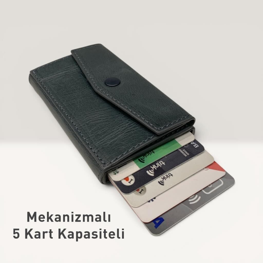 Grande Hakiki Deri Mekanizmalı Mandallı Kartlık Cüzdan RFID Lacivert