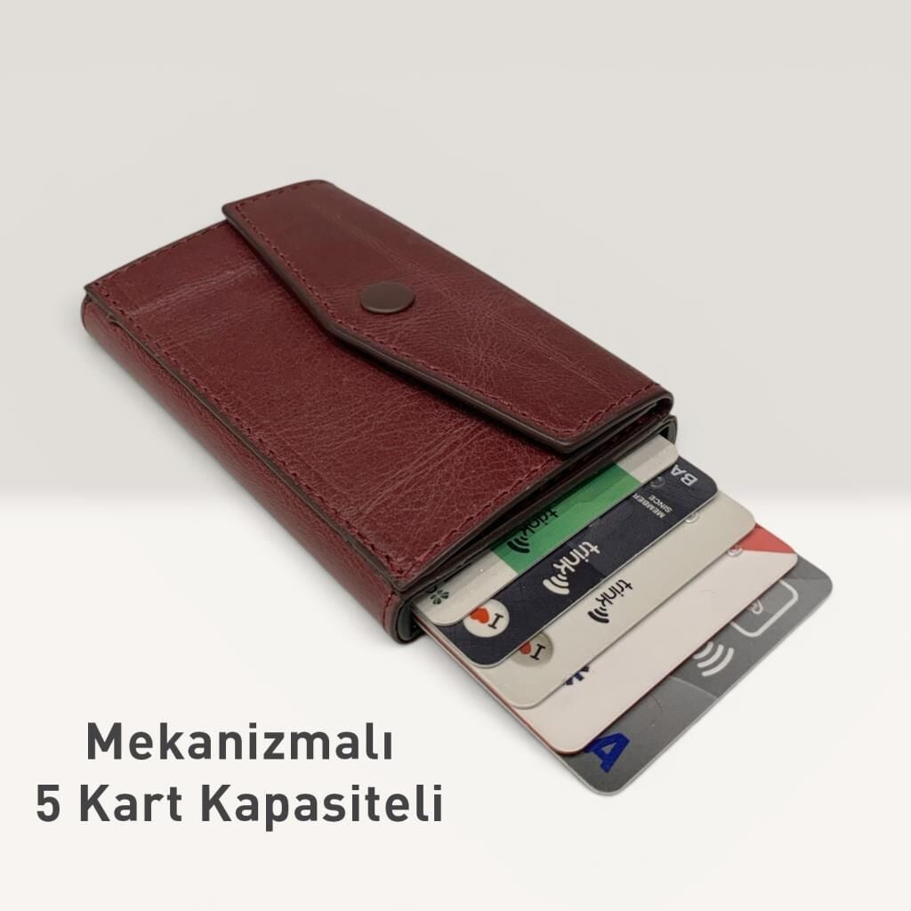 Grande Hakiki Deri Mekanizmalı Mandallı Kartlık Cüzdan RFID Bordo