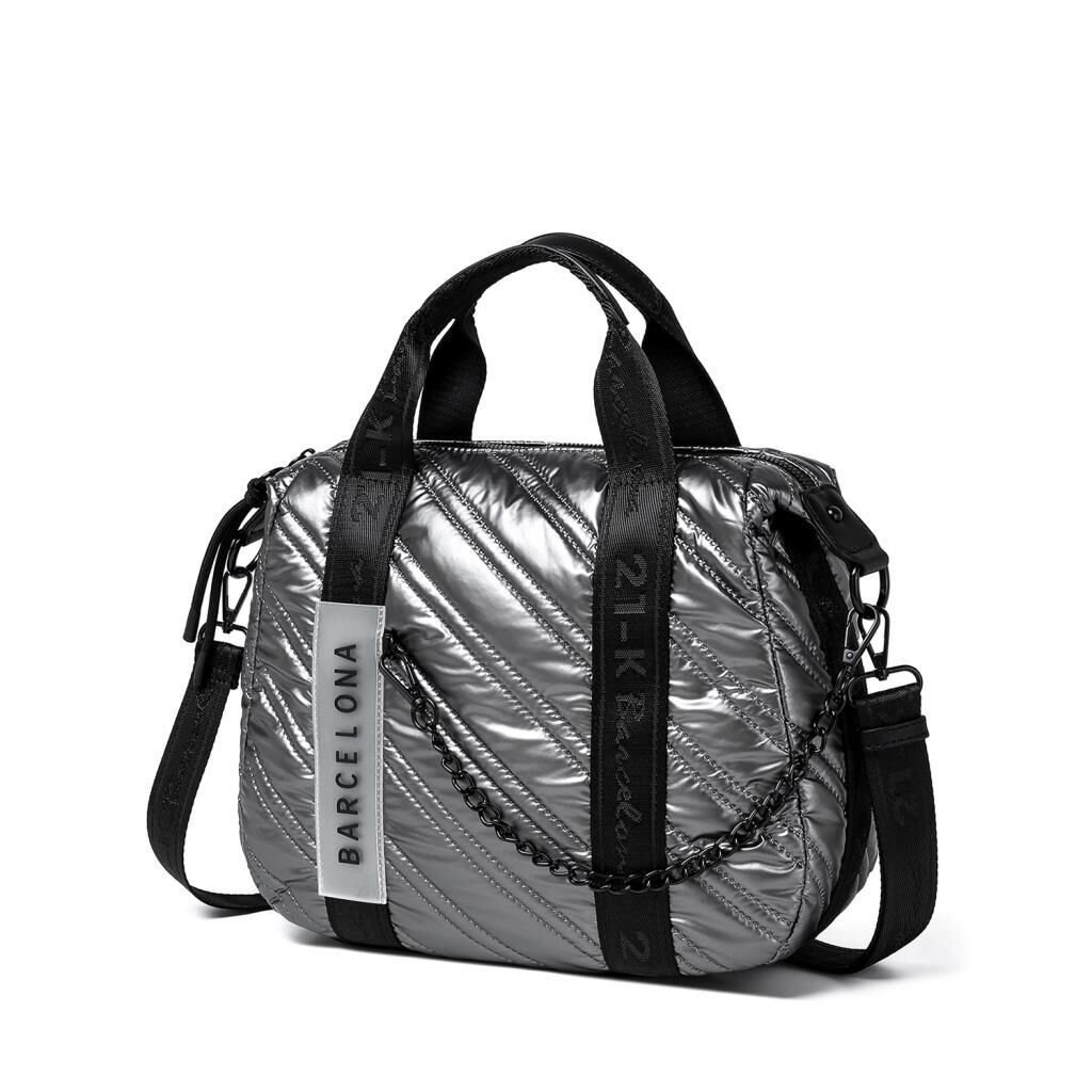 21K Barcelona Parlak Kumaş Elden Tutmalı Kadın Omuz Çantası 3255 Gri