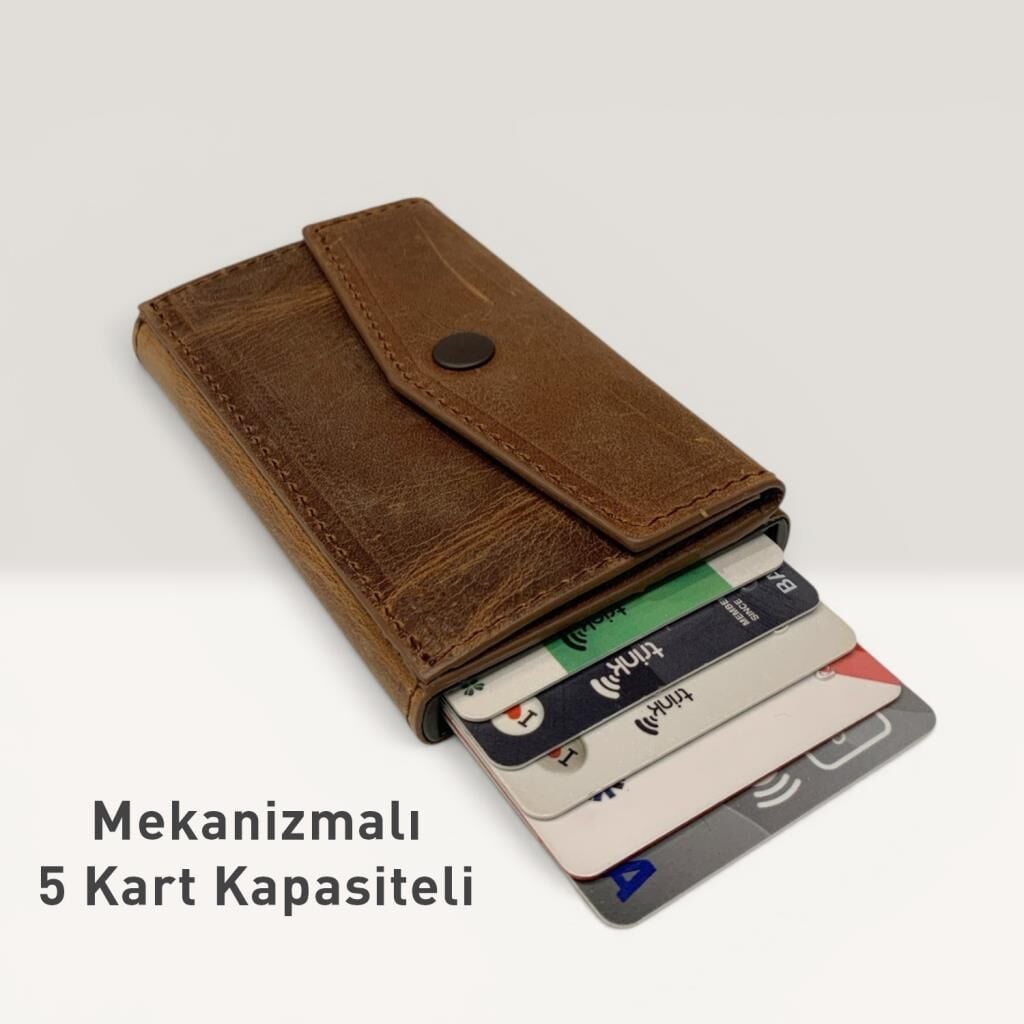 Grande Hakiki Deri Mekanizmalı Mandallı Kartlık Cüzdan RFID Fındık