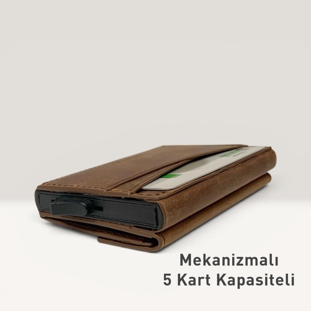 Grande Hakiki Deri Mekanizmalı Mandallı Kartlık Cüzdan RFID Fındık