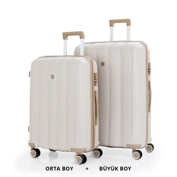 MÇS Bavul Büyük ve Orta 2li Set Kırılmaz Silikon Valiz V305 Kemik/Şampanya