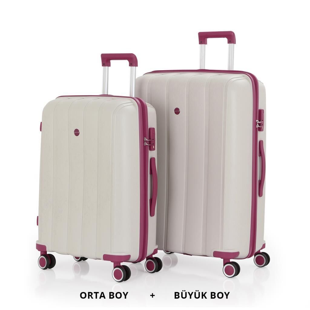 MÇS Bavul Büyük ve Orta 2li Set Kırılmaz Silikon Valiz V305 Kemik/Mürdüm