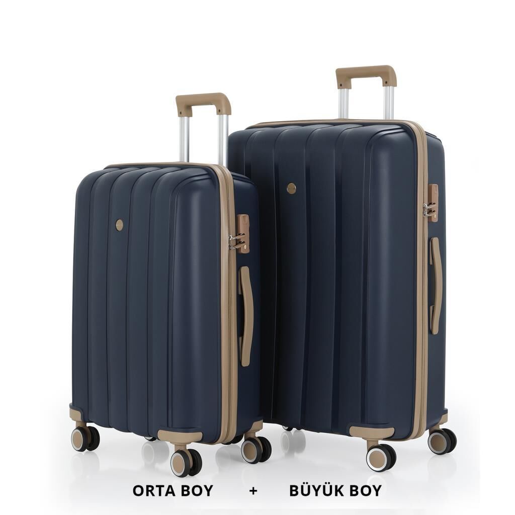 MÇS Bavul Büyük ve Orta 2li Set Kırılmaz Silikon Valiz V305 Laci/Şampanya