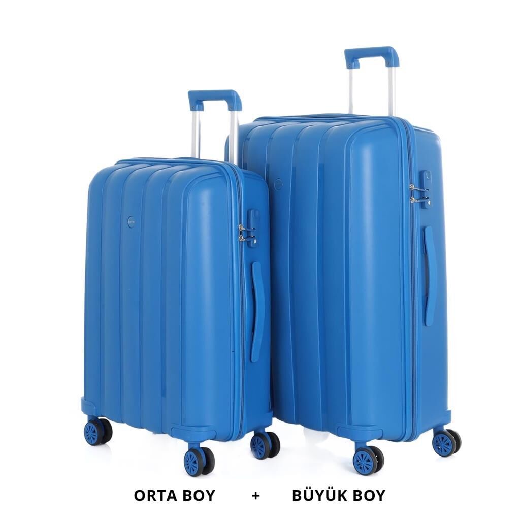 MÇS Bavul Büyük ve Orta 2li Set Kırılmaz Silikon Valiz V305 Saks Mavi