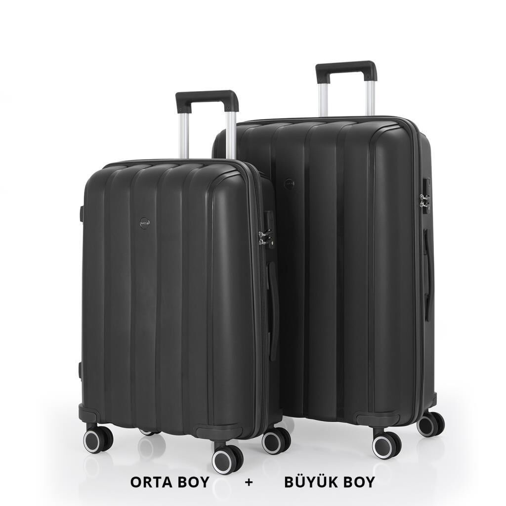 MÇS Bavul Büyük ve Orta 2li Set Kırılmaz Silikon Valiz V305 Siyah