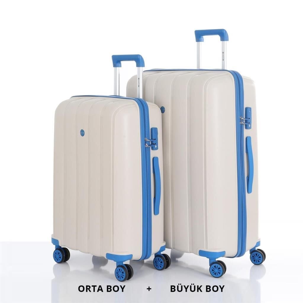 MÇS Bavul Büyük ve Orta 2li Set Kırılmaz Silikon Valiz V305 Kemik/Saks