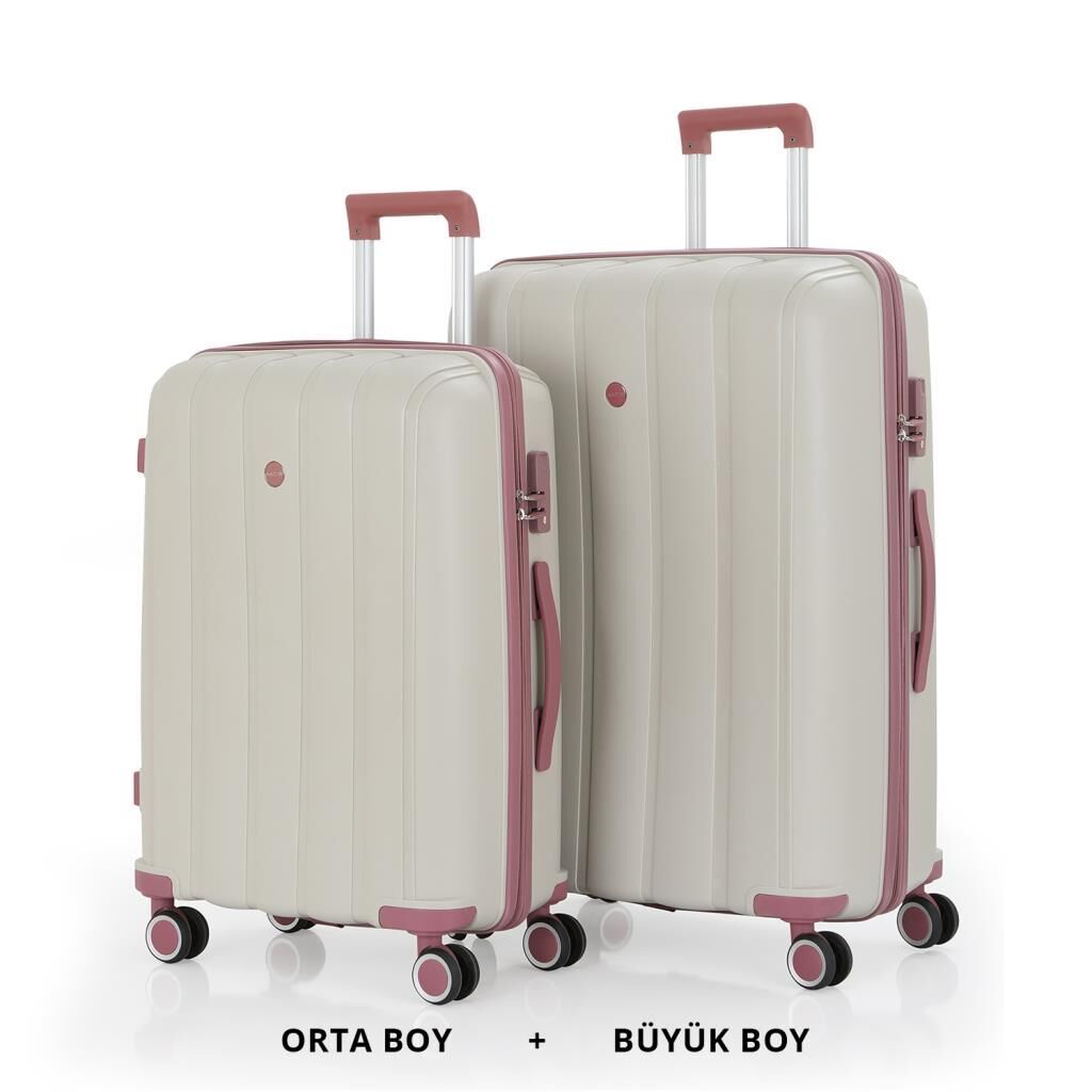 MÇS Bavul Büyük ve Orta 2li Set Kırılmaz Silikon Valiz V305 Kemik/KPudra