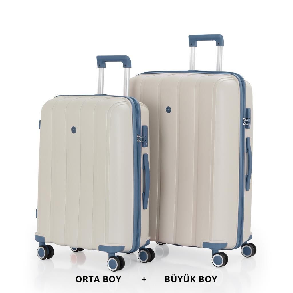 MÇS Bavul Büyük ve Orta 2li Set Kırılmaz Silikon Valiz V305 Kemik/SkyBlue