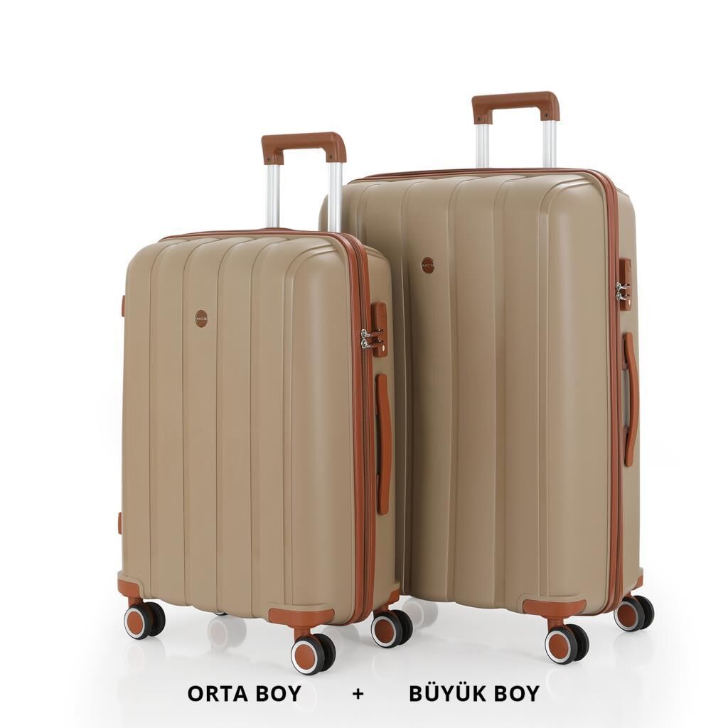 MÇS Bavul Büyük ve Orta 2li Set Kırılmaz Silikon Valiz V305 Şampanya/Kahve