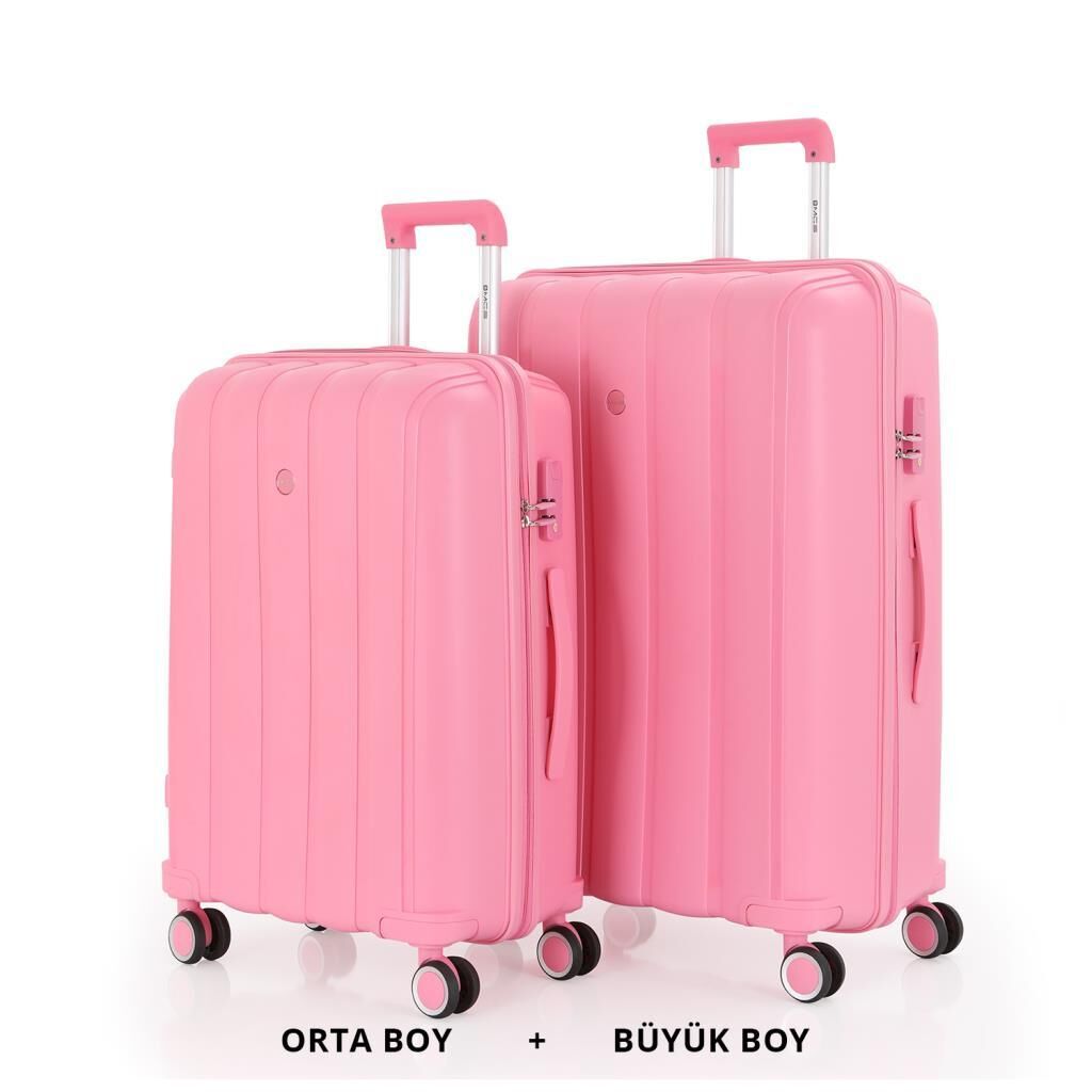 MÇS Bavul Büyük ve Orta 2li Set Kırılmaz Silikon Valiz V305 Pembe