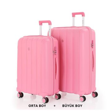 MÇS Bavul Büyük ve Orta 2li Set Kırılmaz Silikon Valiz V305 Pembe