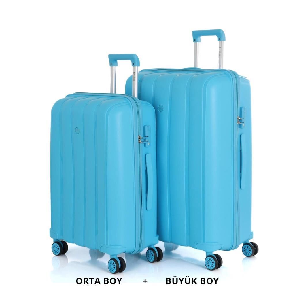 MÇS Bavul Büyük ve Orta 2li Set Kırılmaz Silikon Valiz V305 Açık Mavi