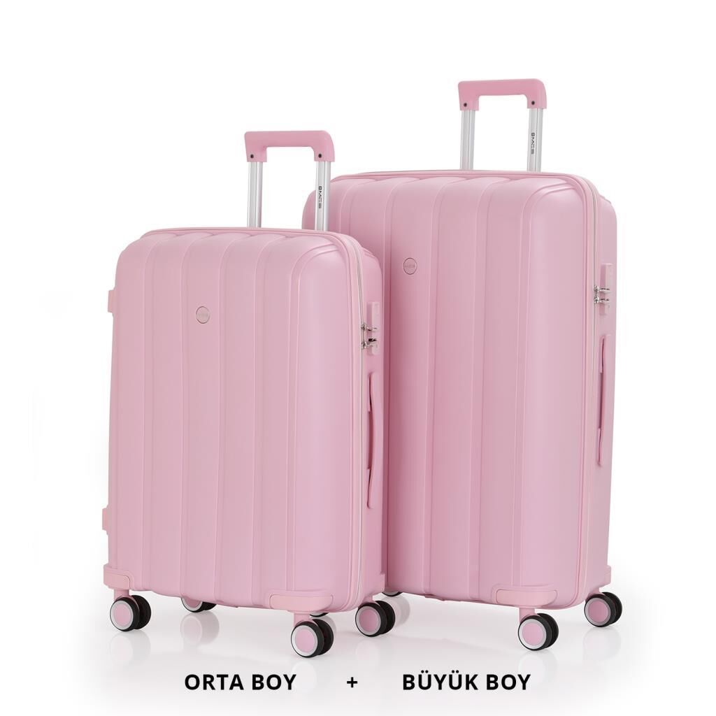 MÇS Bavul Büyük ve Orta 2li Set Kırılmaz Silikon Valiz V305 Pudra