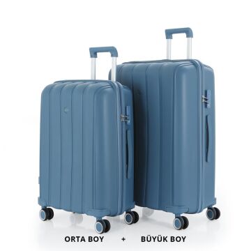 MÇS Bavul Büyük ve Orta 2li Set Kırılmaz Silikon Valiz V305 Sky Blue
