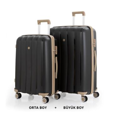 MÇS Bavul Büyük ve Orta 2li Set Kırılmaz Silikon Valiz V305 Siyah/Şampanya