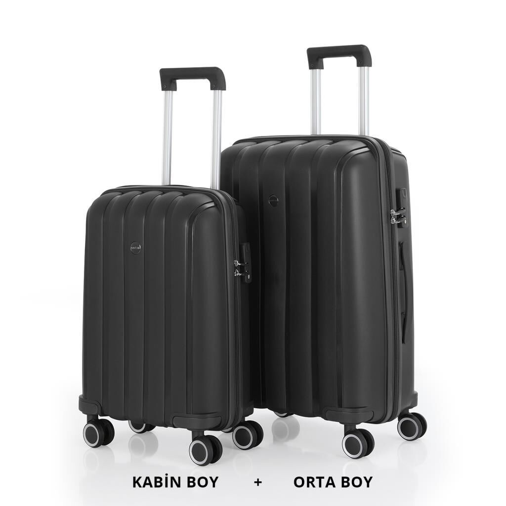 MÇS Bavul Orta ve Kabin 2li Set Kırılmaz Silikon Valiz V305 Siyah