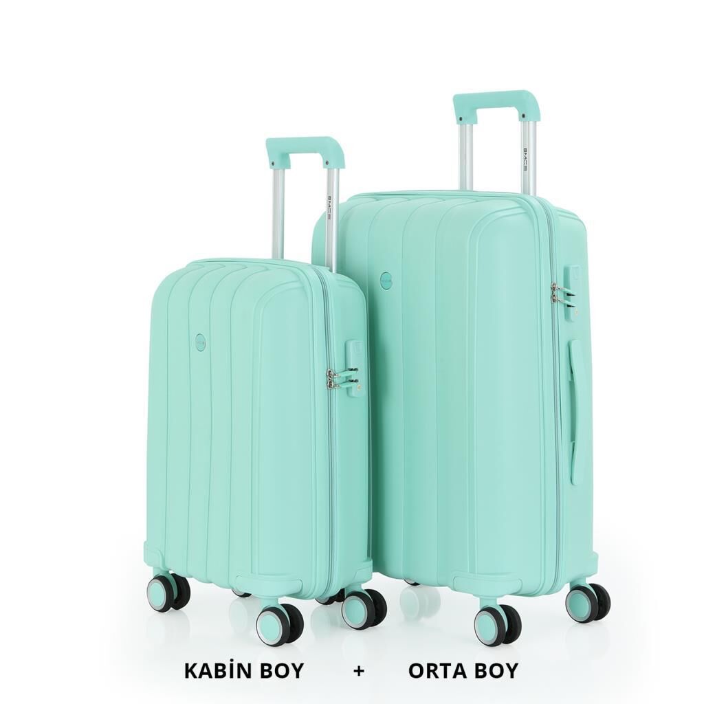 MÇS Bavul Orta ve Kabin 2li Set Kırılmaz Silikon Valiz V305 Mint Yeşili