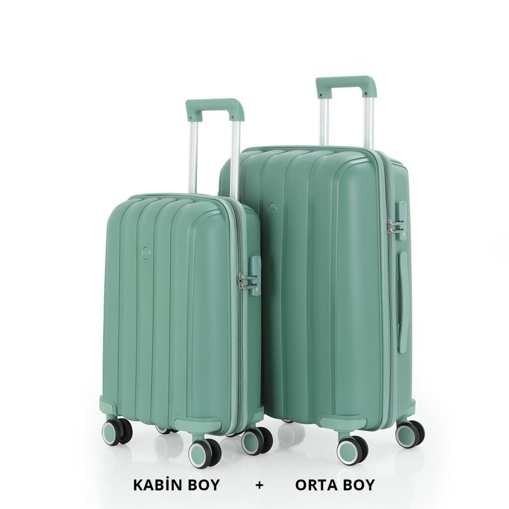 MÇS Bavul Orta ve Kabin 2li Set Kırılmaz Silikon Valiz V305 Su Yeşili