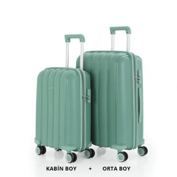 MÇS Bavul Orta ve Kabin 2li Set Kırılmaz Silikon Valiz V305 Su Yeşili
