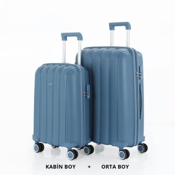 MÇS Bavul Orta ve Kabin 2li Set Kırılmaz Silikon Valiz V305 Sky Blue