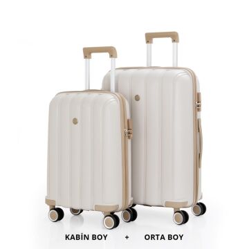 MÇS Bavul Orta ve Kabin 2li Set Kırılmaz Silikon Valiz V305 Kemik/Şampanya