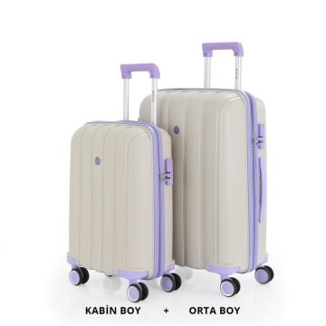 MÇS Bavul Orta ve Kabin 2li Set Kırılmaz Silikon Valiz V305 Kemik/Lila
