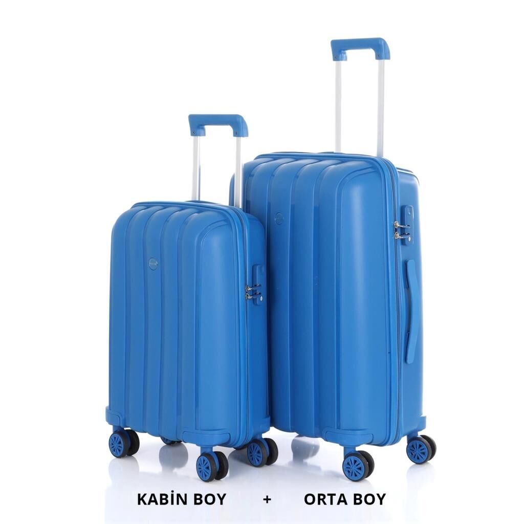 MÇS Bavul Orta ve Kabin 2li Set Kırılmaz Silikon Valiz V305 Saks Mavi