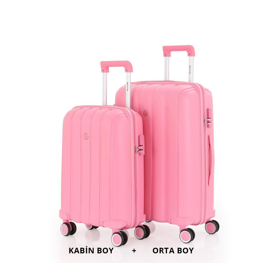 MÇS Bavul Orta ve Kabin 2li Set Kırılmaz Silikon Valiz V305 Pembe