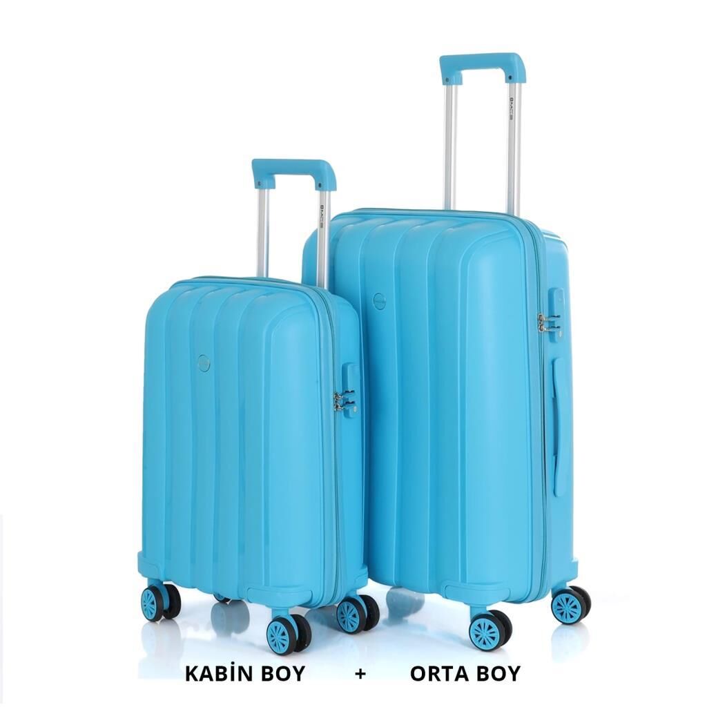 MÇS Bavul Orta ve Kabin 2li Set Kırılmaz Silikon Valiz V305 Açık Mavi