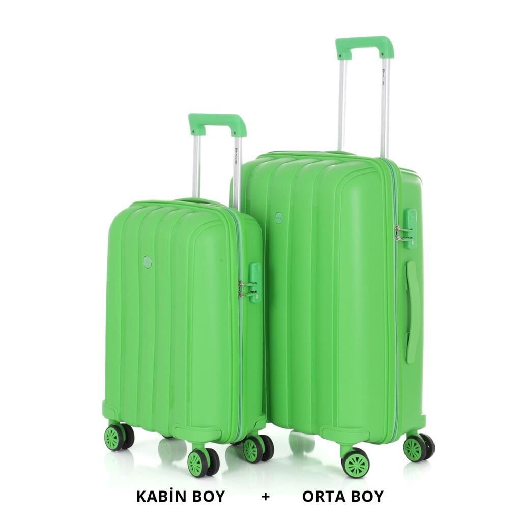 MÇS Bavul Orta ve Kabin 2li Set Kırılmaz Silikon Valiz V305 Fıstık Y.