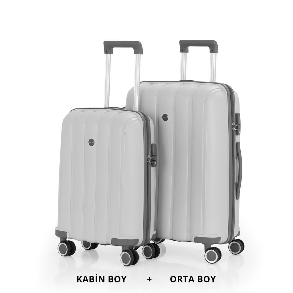 MÇS Bavul Orta ve Kabin 2li Set Kırılmaz Silikon Valiz V305 Kemik/Gri
