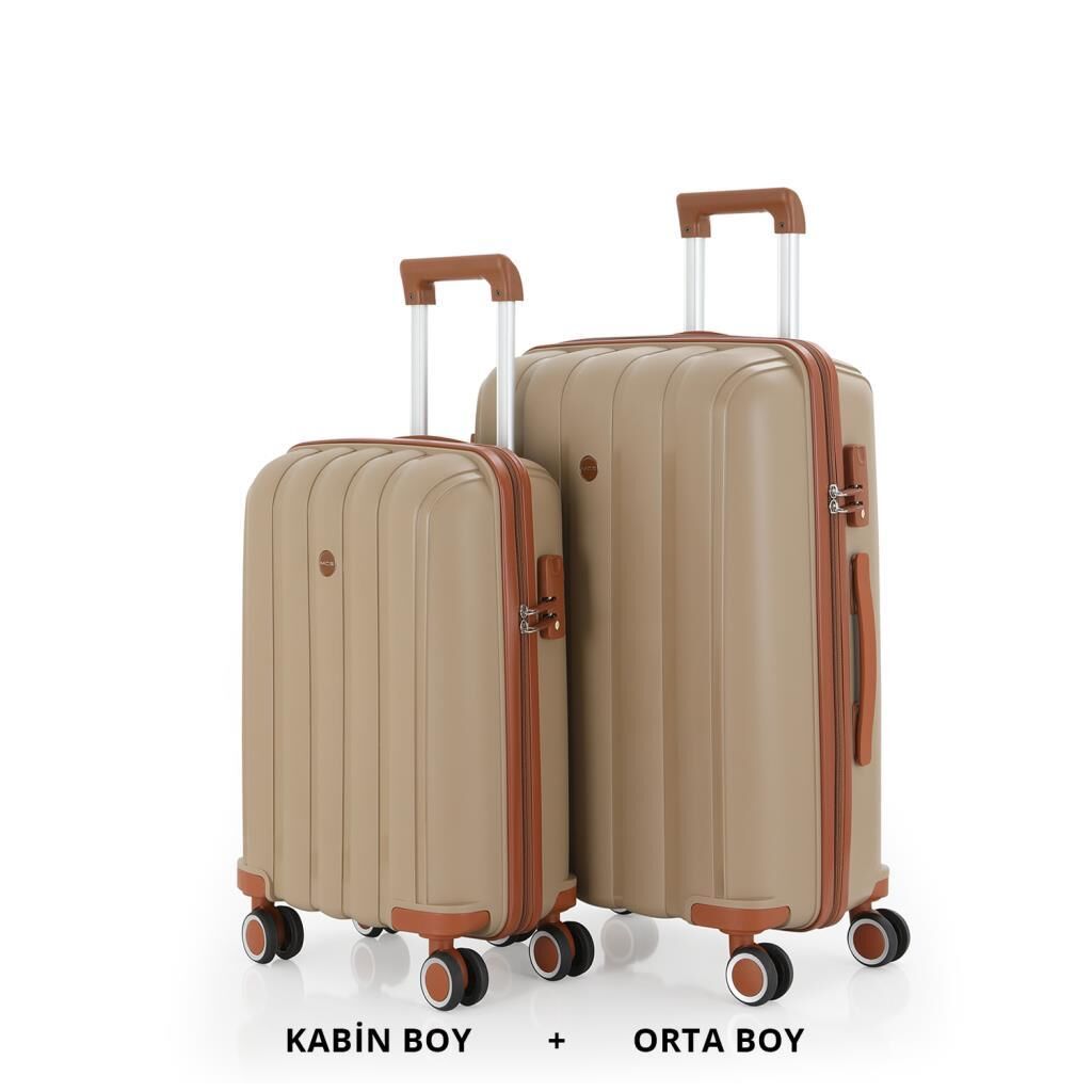 MÇS Bavul Orta ve Kabin 2li Set Kırılmaz Silikon Valiz V305 Şampanya/Kahve