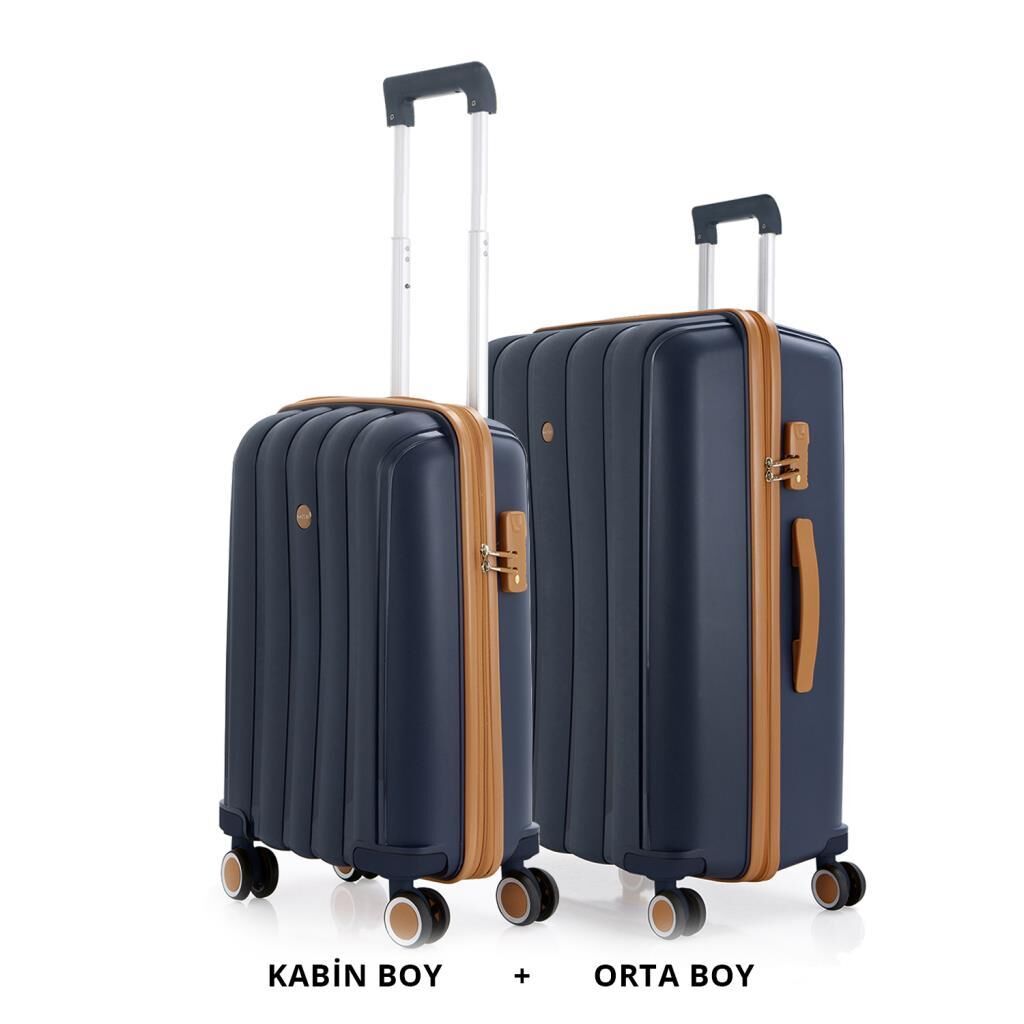 MÇS Bavul Orta ve Kabin 2li Set Kırılmaz Silikon Valiz V305 Lacivert/Hardal