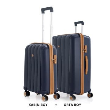 MÇS Bavul Orta ve Kabin 2li Set Kırılmaz Silikon Valiz V305 Lacivert/Hardal